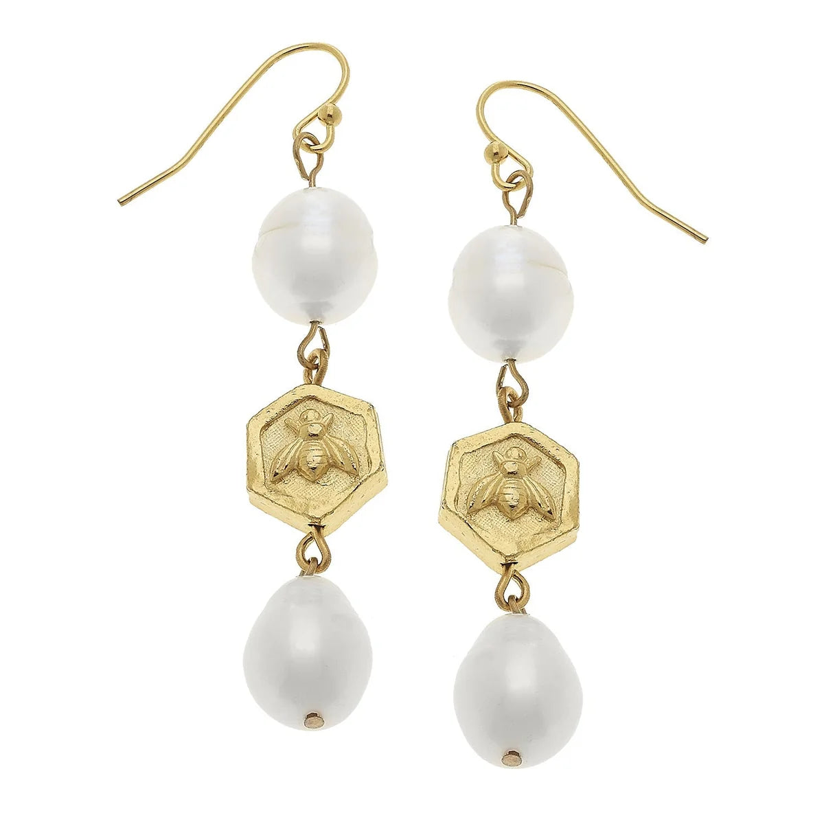 Hexagon Bee & Pearl Drop Earrings
